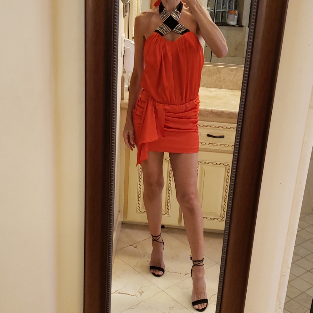 Gorgeous Bebe orange silk halter dress, XS - Picture 6 of 8